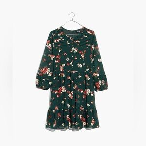 Madewell Sheer-Sleeve Pintuck Ruffle Dress in Spruce Blooms